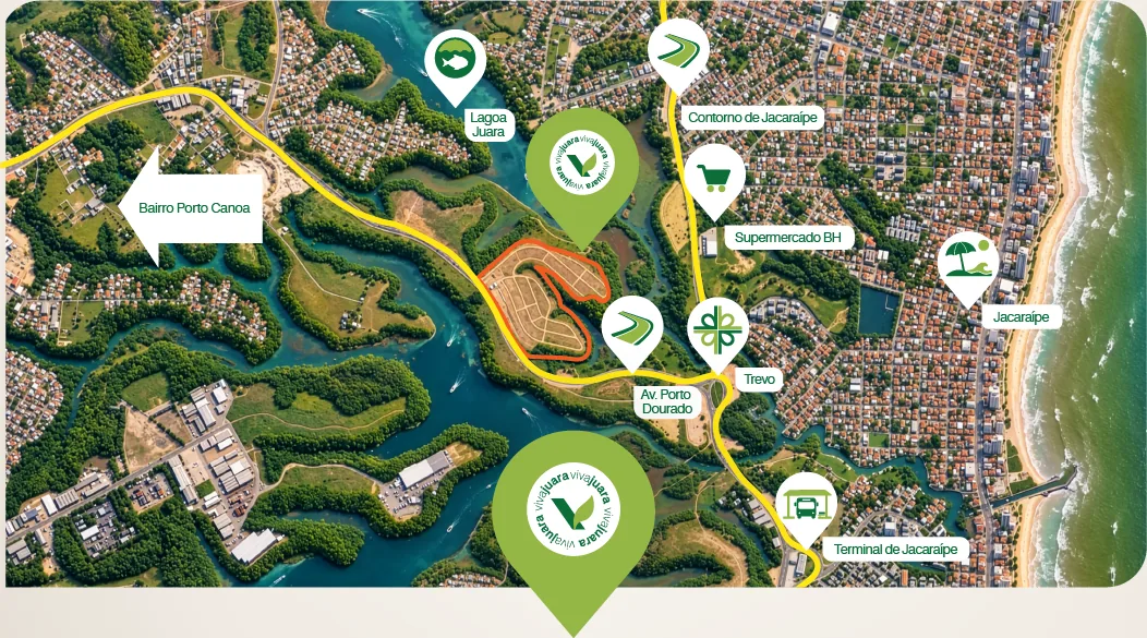 Mapa ilustrativo da localização do Viva Juara entre a Lagoa Juara, a Av. Porto Dourado e Jacaraípe
