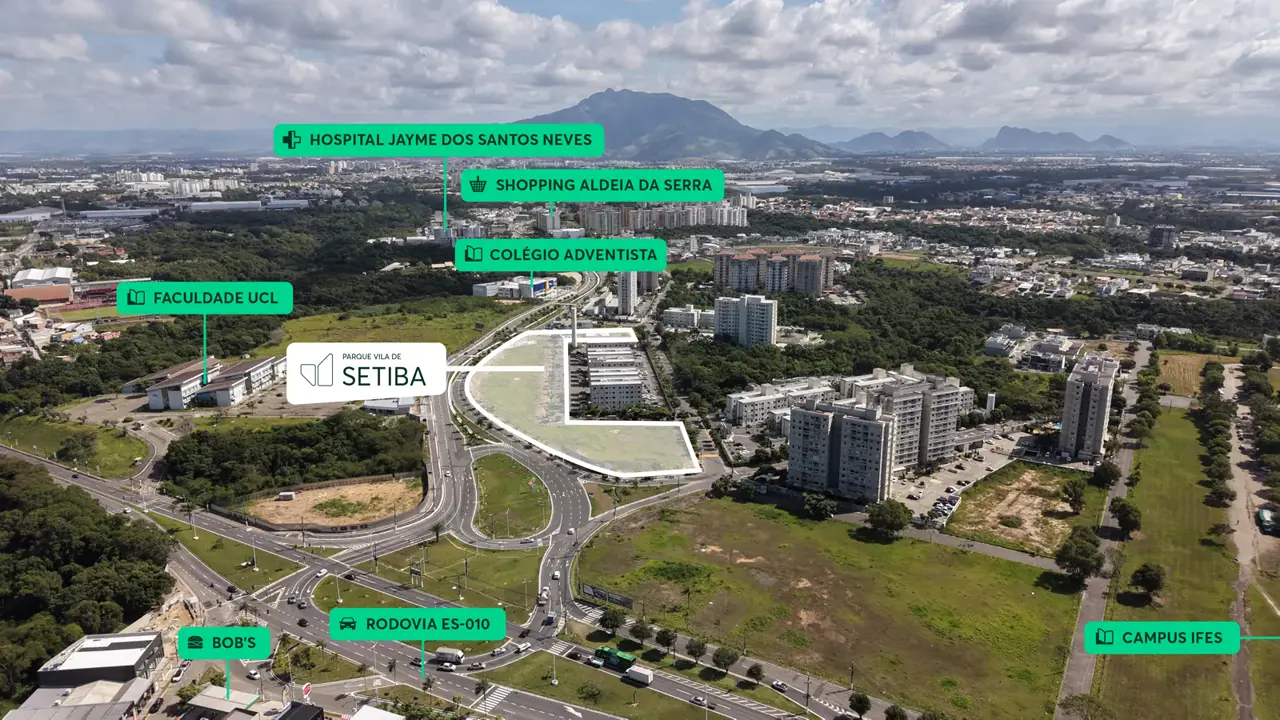 Imagem aérea ilustrativa da localização do Parque Vila de Setiba em Morada de Laranjeiras, Serra, com referências próximas