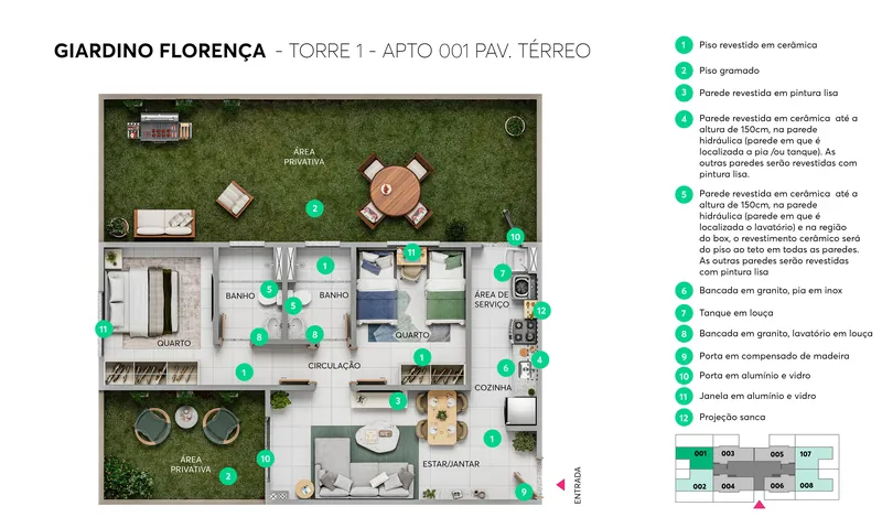 Planta residencial térreo — 2 quartos com área privativa — Giardino Florença