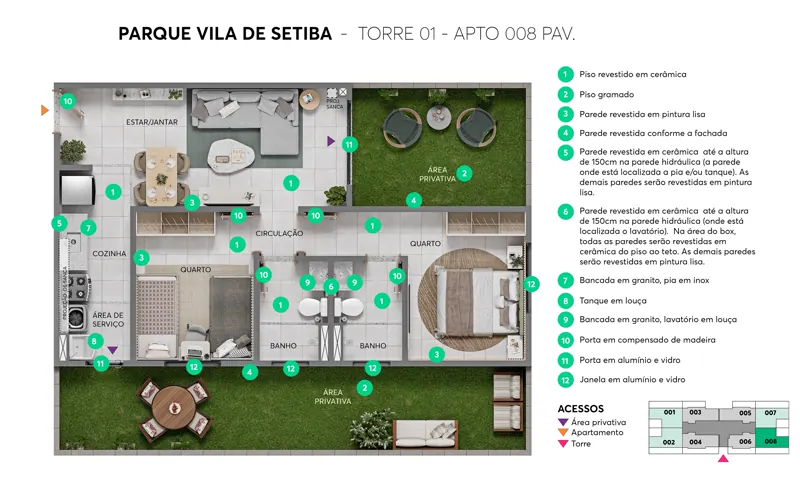 Planta ilustrativa — 2 quartos térreo com área privativa — Parque Vila de Setiba