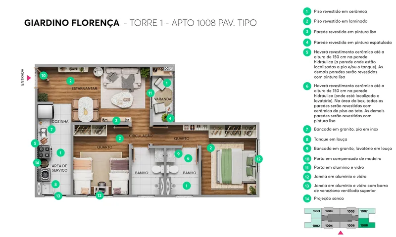 Planta residencial tipo — 2 quartos com varanda — Giardino Florença